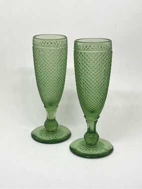 Vintage Green Vista Alegre Bicos - Pressed Glass Champagne Flutes - Set of 2